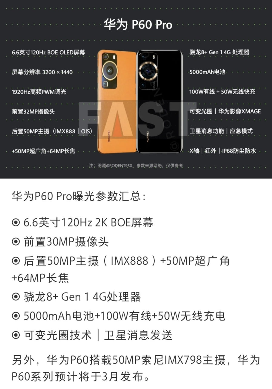 Huawei P60 rumored specs sheet